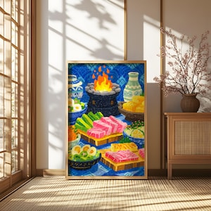 Japanisches Essen Wandkunst, Sushi Ramen Poster, Küchendeko, Anime Essen Druck, Japan Illustration, bunt Pixel Kunst, Digitaldruck
