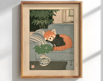 Sleeping Red Panda Poster: Japanese Woodblock Living Room Decor