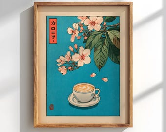 Japanese Coffee Art Print: Sakura blossom, Latte Wall Decor