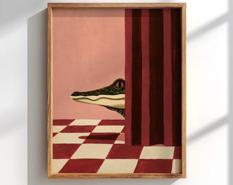 Crocodile Peeking Curtain Poster: Quirky Bathroom Wall decor
