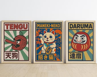 Impressions d'art japonaises vintage : Maneki Neko, Daruma, Tengu (lot de 3) (téléchargement numérique)