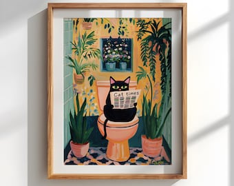 Quirky Black Cat Toilet Print: Funny Bathroom Wall Art