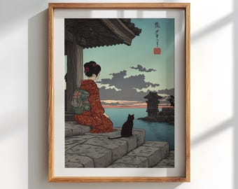 Geisha and Cat Art print: Hiroshige Japanese Woodblock