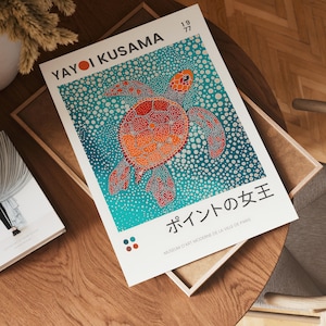 May include: A colorful poster featuring a red, orange, and yellow turtle swimming in a blue and white polka dot ocean. The poster is titled "Points of the Queen" and is from the Museum of Modern Art in Paris.