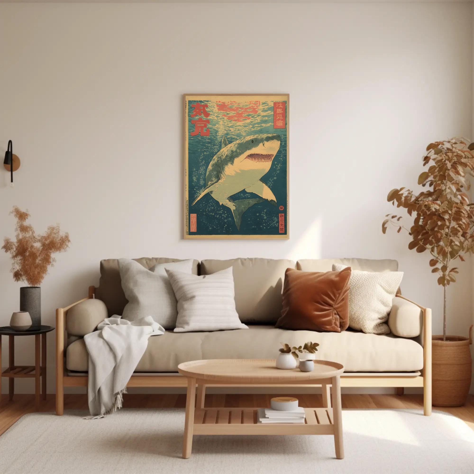Vintage Japanese Shark Poster: Ukiyo-e Ocean Illustration, Retro