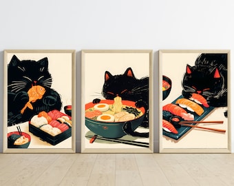 Ramen Black Cat Art Print: Japanese kitchen Decor