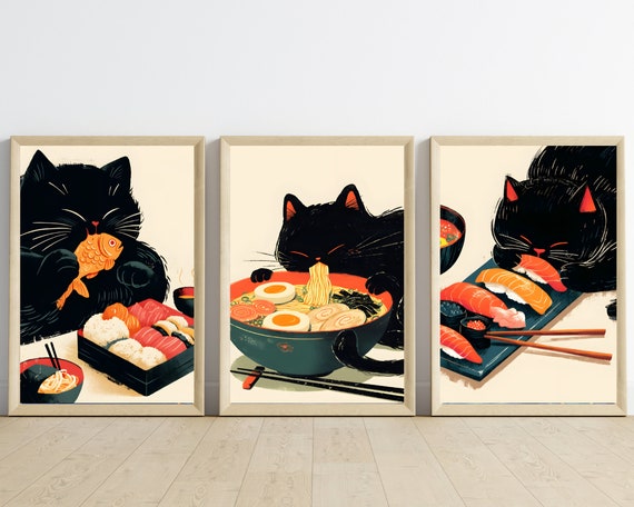 Ramen Black Cat Art Print: Japanese kitchen Decor
