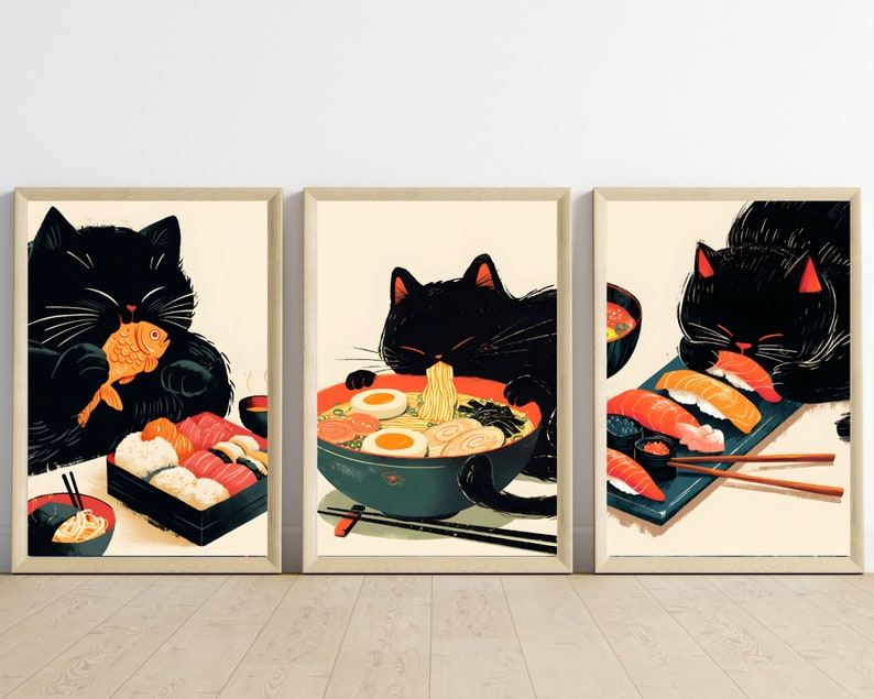 May include: Three framed illustrations of black cats enjoying Japanese food. The first cat holds a goldfish, the second cat eats ramen noodles, and the third cat eats sushi.