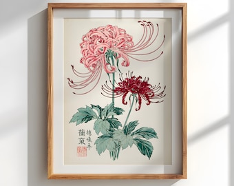 Red Spider Lily Wall Art: Japanese Woodblock Botanical