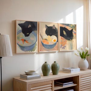 Japanische Ramen-Nudel-Katze Art Prints, Ramen-Plakat, süßes Katzen-Plakat Geschenk für Katzenliebhaber, Anime inspirierte japanische Küche Wandkunst - 3er-Set