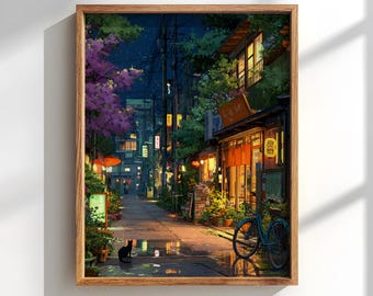 Japanse muurkunst anime Tokyo Alley: scène fiets en zwarte kat