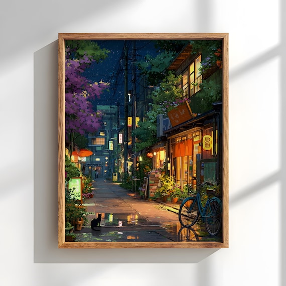 Anime Tokyo Alley Japanese Wall Art: Bicycle and Black Cat Scene
