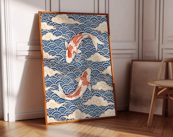 Two Koi Fish Japanese Waves Poster: Feng Shui Print Japandi Home Decor