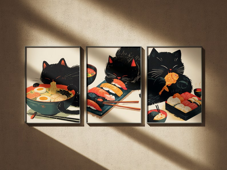May include: Three framed illustrations of black cats enjoying Japanese food. The first cat is eating ramen noodles, the second is eating sushi, and the third is holding a fish and eating sushi.