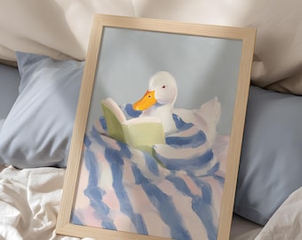 White Duck Art Print: Reading Animal Decor