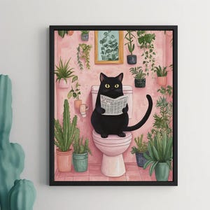 黒猫のトイレのプリント、トイレの動物のプリント、トイレの猫のポスター、面白いトイレのプリント、マキシマリストのプリント、バスルームの猫、風変わりな動物のアート