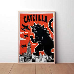 Catzilla Cat Poster, Godzilla poster, Funny Japanese Wall Art Retro Pop Art Print, Cat Lovers Geek Decor Kaiju Monster Illustration