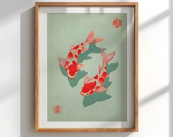 Japanischer Koi Fisch Kunstdruck: Wabi Sabi grün Dekor