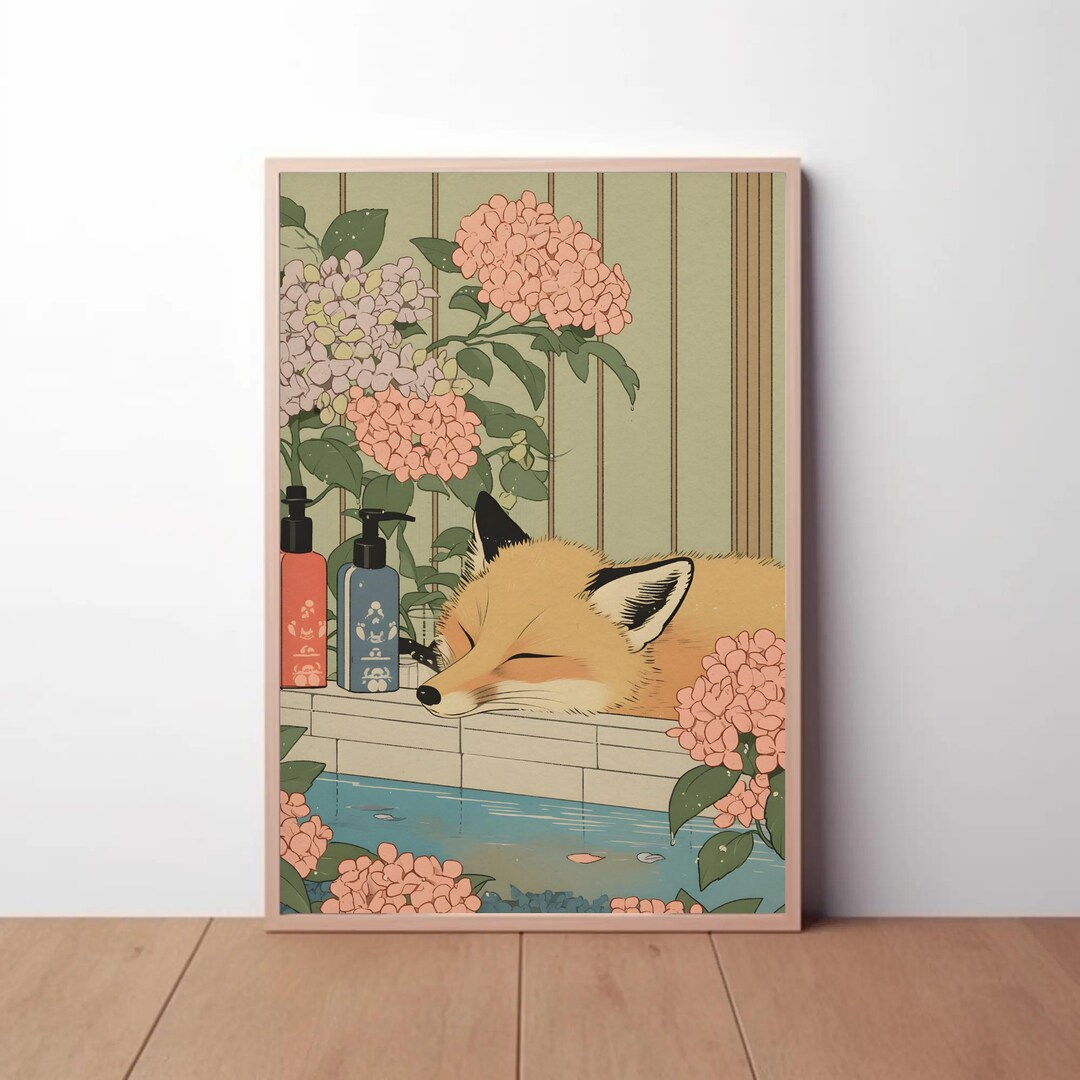 Fox in Bathtub Art Print – Japanese Onsen Illustration, Bathroom Wall ...