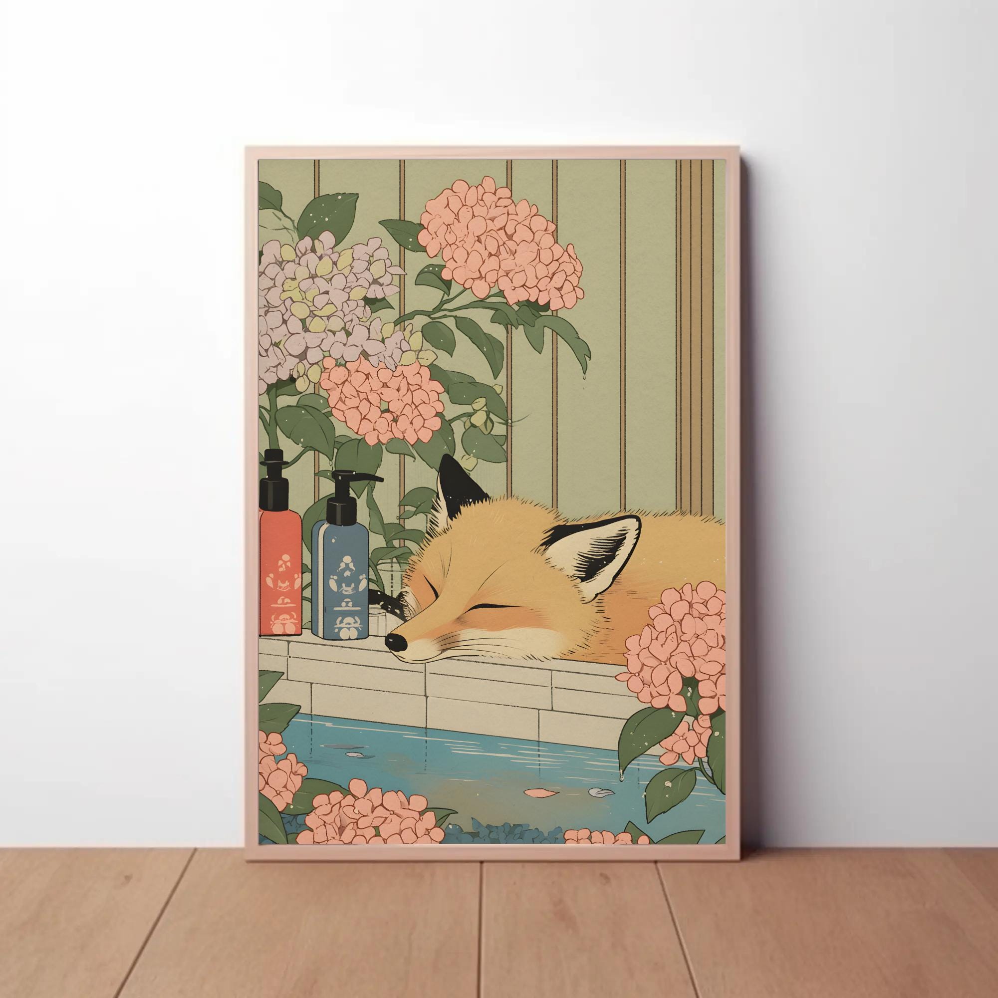 Fox in bathtub, Japanese Onsen Wall Art, fox bathroom art, Relaxing spa decor, Aesthetic Bath Decor, Japanese art
