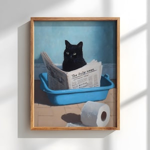 May include: A framed painting depicts a black cat sitting in a blue litter box, reading a newspaper titled "The Daily News." A roll of toilet paper sits nearby. The background is a light blue wall.