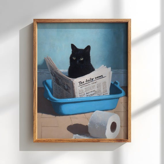 Black Cat litter box Reading Newspaper: bathroom decor
