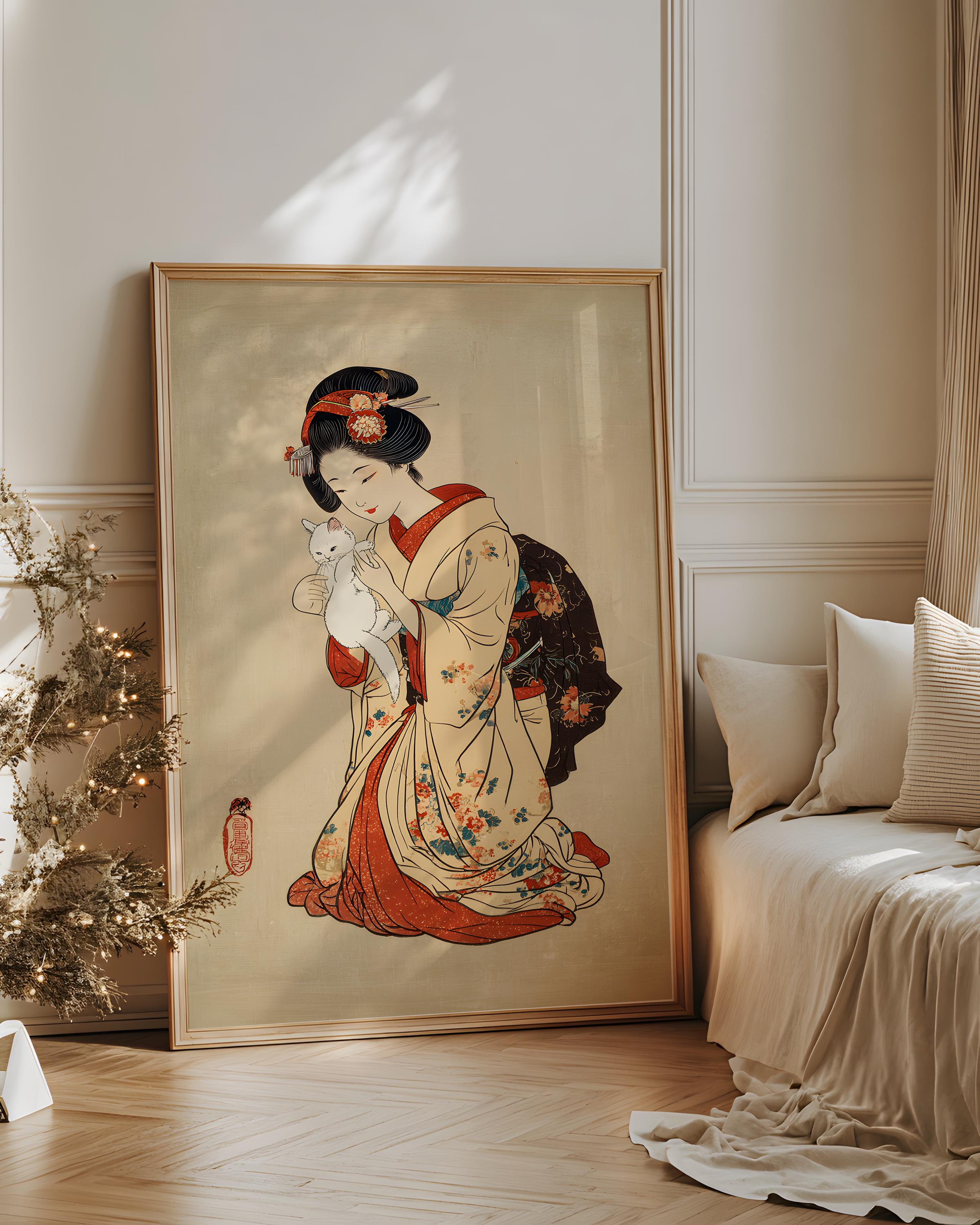 Japanese Woman With Cat Art Print: Vintage Geisha Decor - Etsy