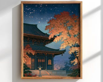 Japanese Temple Autumn Night Poster: Serene Pagoda Decor