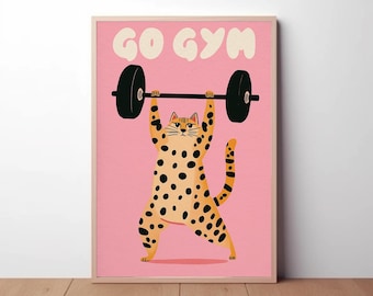 Póster de gato divertido del gimnasio: Impresión artística de levantamiento de pesas (descarga digital)