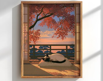 Sleeping Cat on Japanese Veranda poster: Cozy Autumn decor