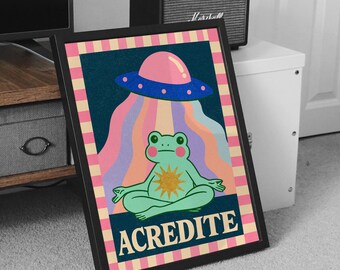 Meditating Frog Poster: Retro UFO Abduction Wall decor