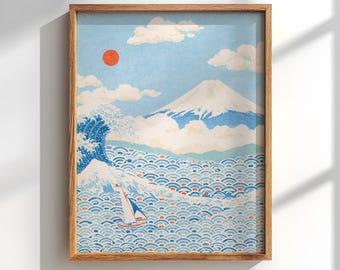 Mount Fuji and Great Wave Poster: Japanese pastel decor