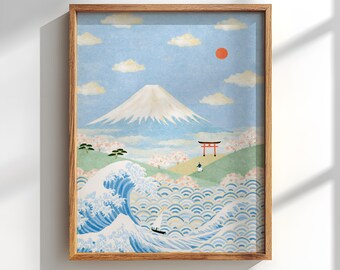 Japanese Sakura Landscape Wall Art: Great wave pastel decor