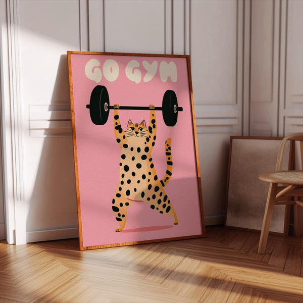 Funny Gym Cat Art Print – Powerlifting Poster, Crossfit Wall Decor, Gift for Weightlifter