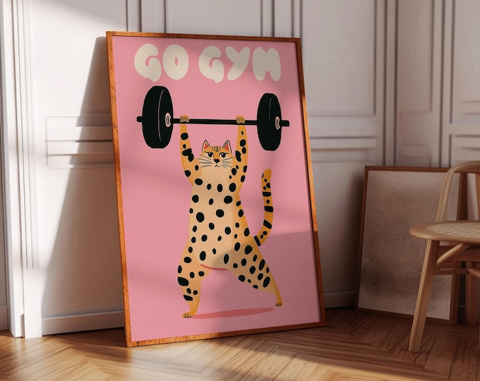 Funny Gym Cat Art Print – Powerlifting Poster, Crossfit Wall Decor, Gift for Weightlifter