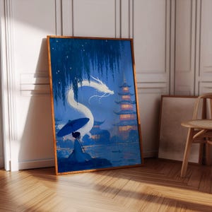 Póster de anime Mystical Dragon Night: impresión de arte asiático de fantasía, escena de agua de ensueño, chica serena con paraguas, templo japonés