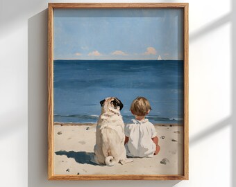 Boy and Pug on Beach Poster: Impressionist Coastal Neutral Nursery Decor