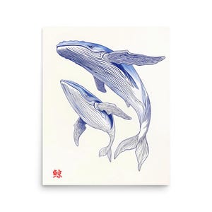 humpback whale artwork: Minimalist ocean poster, Japanese bathroom or office wall art