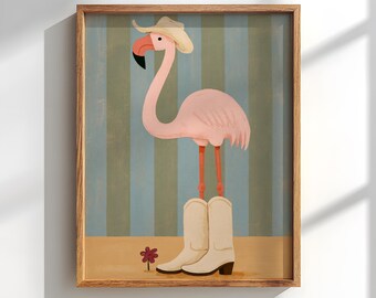 Pink Flamingo in Cowboy Boots Poster: Funky Western Wall decor