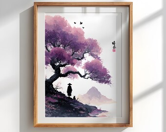 Samurai and Black Cat Wall Art: Japandi Zen Landscape