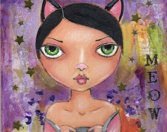 Mixed media painting,  Big eyed girl, Quirky art, cats,  Whimsical art, Folk Art painting ,Home Decor, Children's Art, wood burned