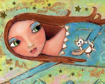 Mixed media painting, Free spirit,  Big eyed girl, kitten, Whimsical art, Folk Art painting ,Home Decor, Children's Art, Shabby, wood burned