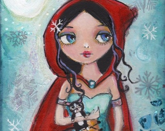 Kittens and snowflakes, Red Hood, Fantasy painting,  Snow fairy, PRINT, 8 x 10