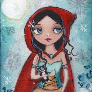 Kittens and snowflakes, Red Hood, Fantasy painting,  Snow fairy, PRINT, 8 x 10