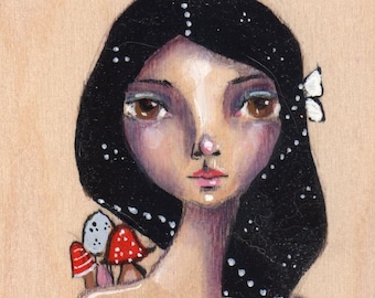whimsical girl painting, gothic, outsider art, mushrooms, Home Decor, Original painting, whimsical art, Wood painting,5 x 7
