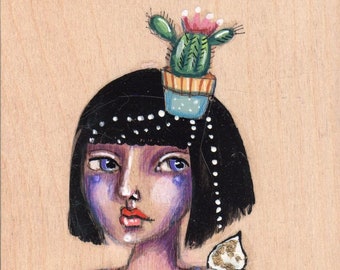 whimsical girl painting, Cactus, Wood canvas, Home Decor, Original painting, whimsical art, Wood painting,5 x 7