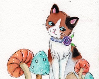 Original painting, cat painting, calico cat, pen and ink, illustration, watercolor, mushrooms, original illustration, free shipping, OOAK