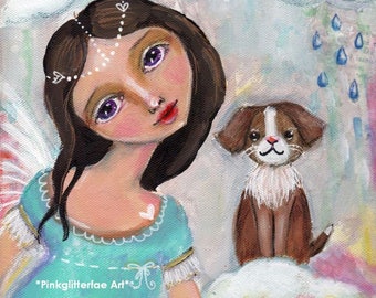 Angel art, pet loss, puppy,  8 x 10 PRINT, Whimsical art,  Childrens Art, Rainbow bridge