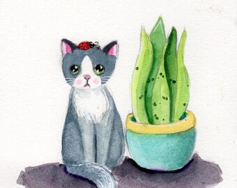 Cat illustration,  pen and ink, cat art, watercolor, cactus, ladybug, original illustration, free shipping, OOAK