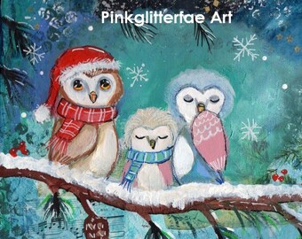 Owl Family PRINT Winter  Christmas Holiday Art Snowflakes 8 x 10 print